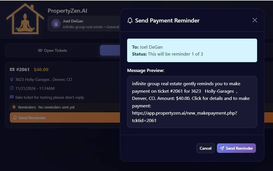Unpaid Tickets & Reminders Screenshot